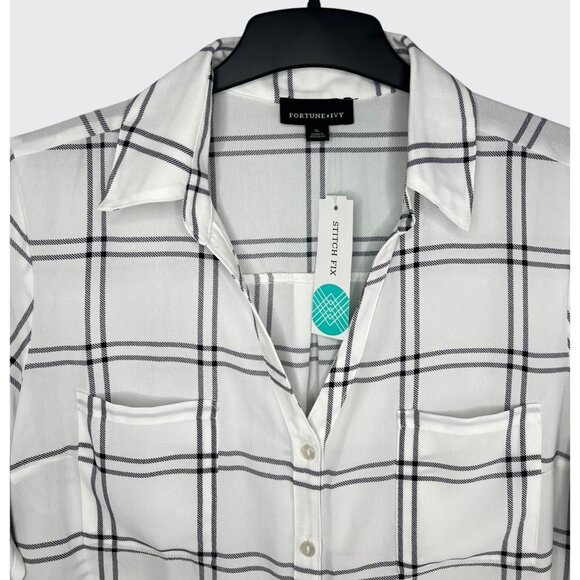 FORTUNE + IVY Christelle White & Black Plaid Button Down Blouse 3/4 Sleeve XL - Picture 14 of 16